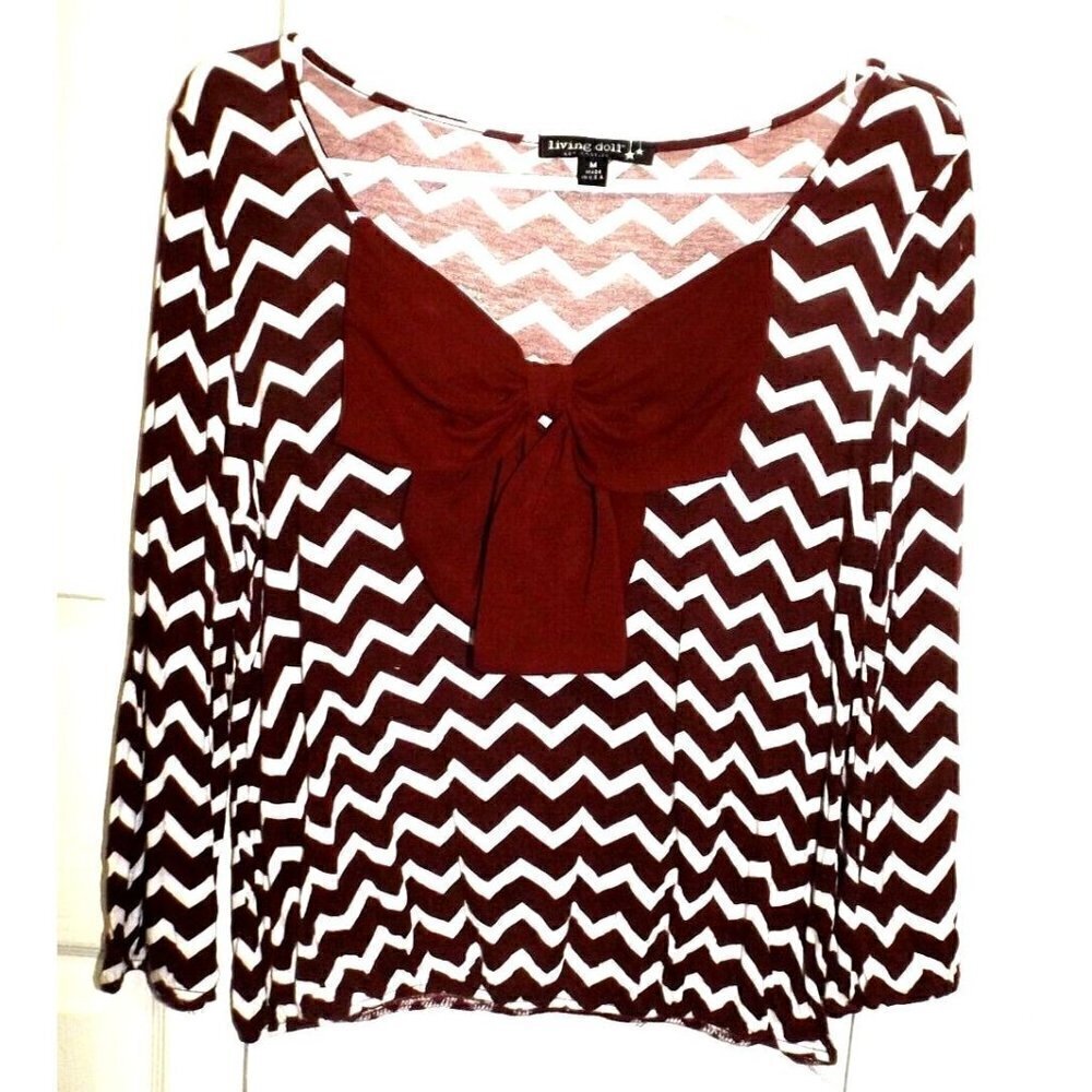 Living Doll Los Angeles M Cranberry Zigzag Stripe 3/4 Sleeve Top Elasticized Hem